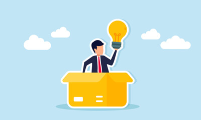 Businessman carrying a lamp emerging from a package box, illustration of gaining inspiration for ideas