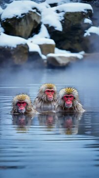 Snow monkeys bathing in hot spring surrounded by steam. Red faces, misty atmosphere, cold comfort contrast.

