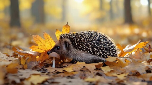 Hedgehog hiding beneath autumn leaves with only nose visible. Forest floor detail, cozy composition, playful mystery.

