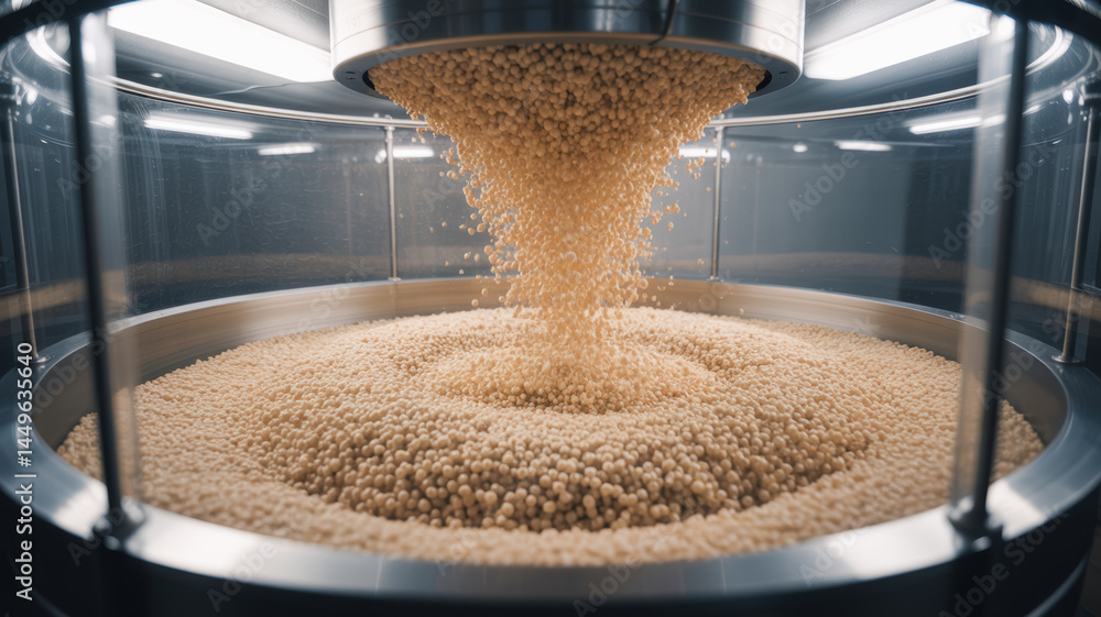 Poster pharma production line processing small round tablets in clean industrial environment with advanced 