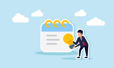 Businessman carrying a lamp next to a book note, illustration of writing down the right ideas for business