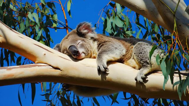 Koala sleeping in eucalyptus tree under bright midday sun. Lazy posture, blue-sky backdrop, peaceful marsupial moment.

