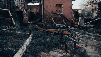 destroyed and burned houses in the city in Ukraine