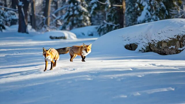 Two red foxes play-fighting in snowy forest clearing with snowflakes falling. Dynamic interaction, white contrast, natural joy.
