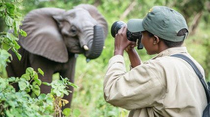Photographer captures wild elephant on safari adventure. Experiencing nature and wildlife. Promoting conservation through photography in the african bush.