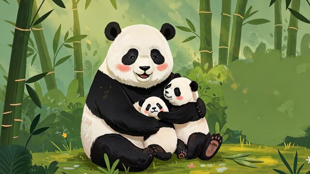 Heartwarming panda mother and baby celebration in bamboo forest for mother's day