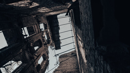 destroyed and burned houses in the city in Ukraine