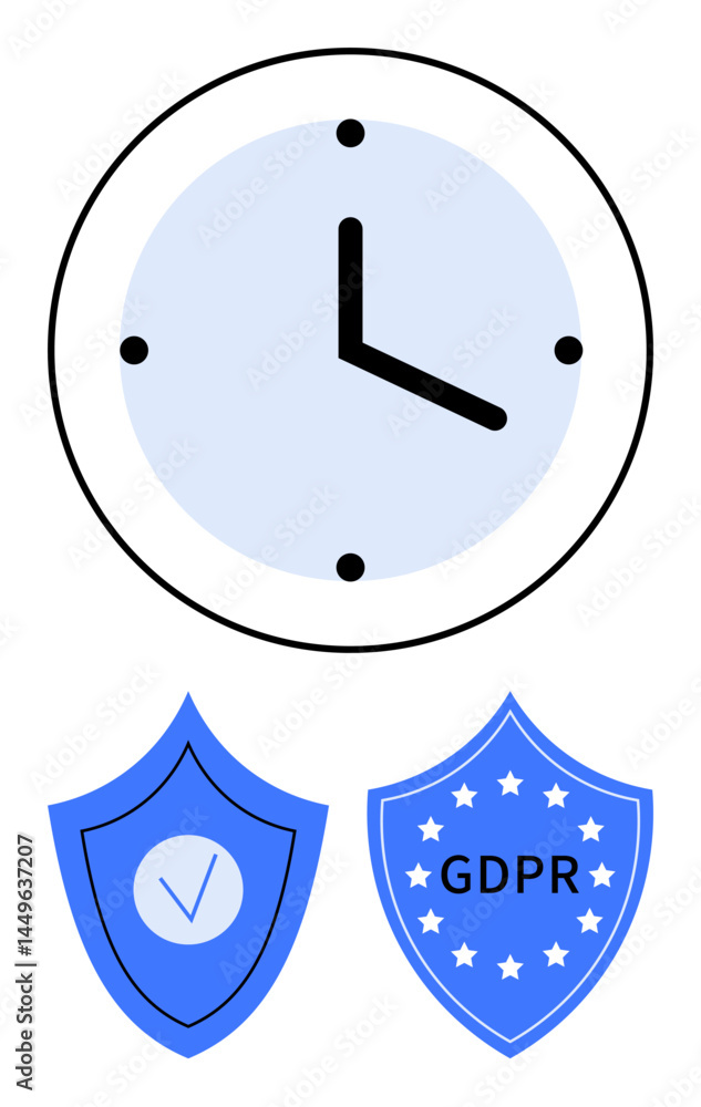 Poster clock with a blue face paired with a shield featuring a checkmark and another shield emphasizing gdp