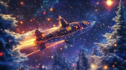 A festive spacecraft soars through a wintery night sky.
