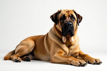 Imposing Mastiff, relaxed posture, pure white backdrop, calm, full body