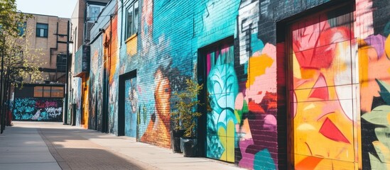 Fototapeta premium Vibrant graffiti art adorns a city alleyway.