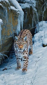 Lynx watching from behind snowy boulder with one paw forward. Ambush pose, spotted camouflage, winter wildness.
