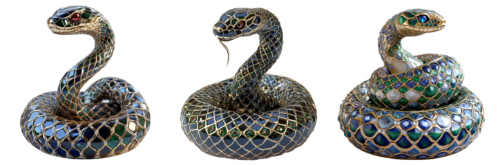 Elegant emerald snake sculpture with mosaic patterns and blue gemstones isolated on white transparent background, reptiles or wildlife, symbolizing Chinese Lunar New year