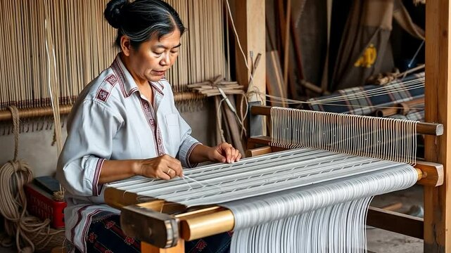 Asian woman expertly weaving traditional fabric on a loom, showcasing craftsmanship and cultural heritage, meticulous handmade textile process