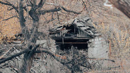 destroyed and burned houses in the city in Ukraine