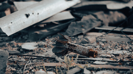 destroyed and burned houses in the city in Ukraine
