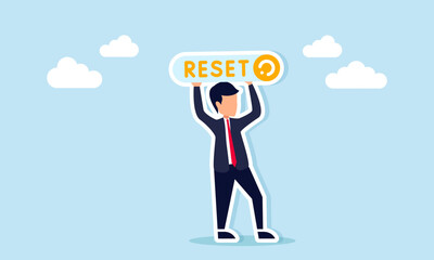 Businessman holding a sign with the word Reset and a circular symbol, illustration of a call, persuasion, or campaign to reset business settings or work systems.