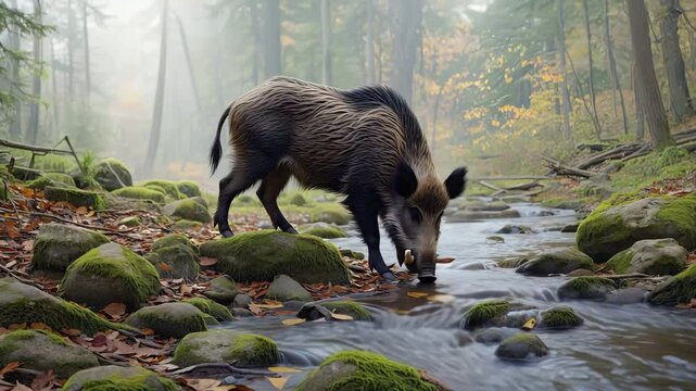 Wild boar drinking from forest stream surrounded by green moss and rocks. Low light, earthy tones, raw wilderness.
