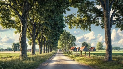 Obraz premium Sunny country lane, trees, farmhouses, idyllic landscape, perfect for travel brochures