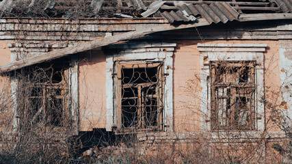 destroyed and burned houses in the city in Ukraine