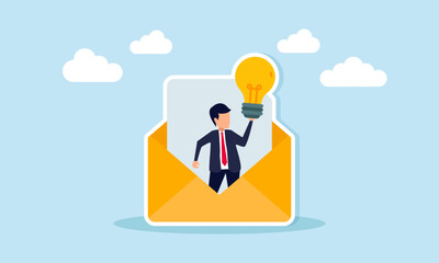 Businessman emerging from an envelope holding a lightbulb, illustration of gaining inspiration for ideas