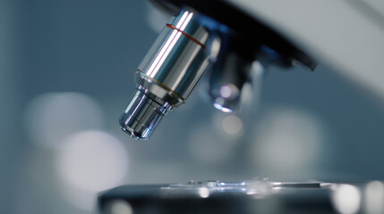 Close up of microscope lens in laboratory setting