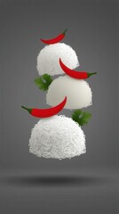 Floating culinary elements showcase rice noodles with chilies and cilantro in a minimalist composition