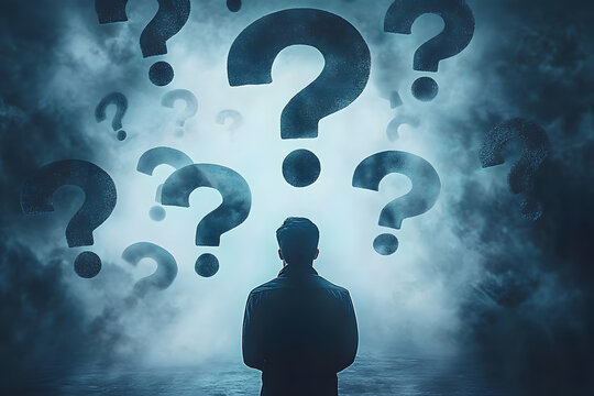 A person stands in contemplation, surrounded by floating question marks, symbolizing uncertainty and inquiry.