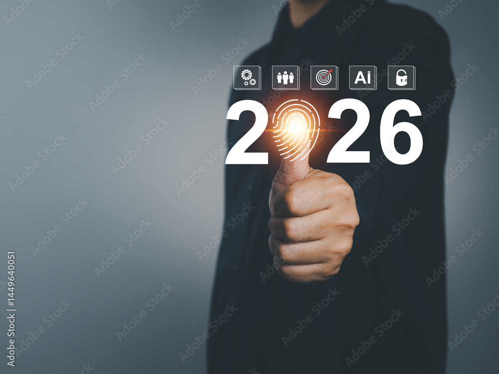 Poster 2026 biometric fingerprint scanner businessman on the internet provides security and identification 