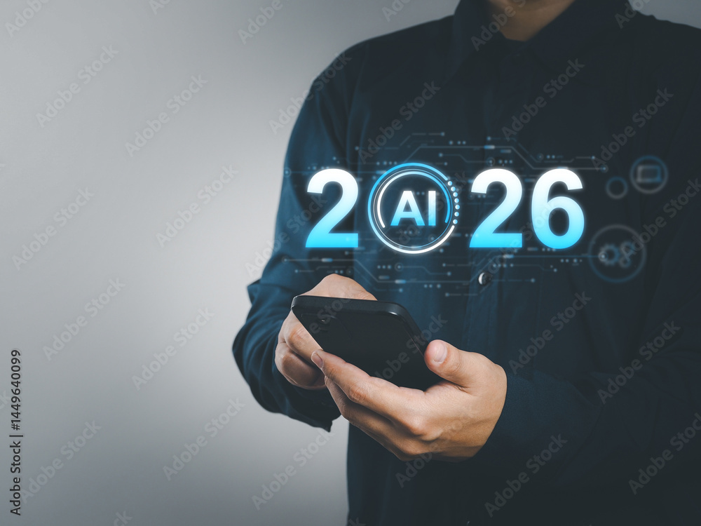 Poster businessman using smartphone showing holographic interface of ai 2026 showing future technology, art