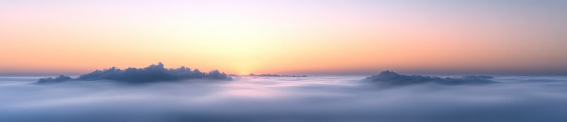 Obraz premium Sunrise over misty hills, aerial view. Peaceful landscape for travel brochures