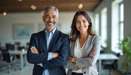 Smiling business man and woman stand arms crossed in office. Happy mature pro leaders posing together. Hispanic man, European woman in formal suits looking camera.