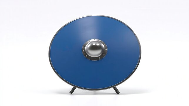 Round blue shield with metallic center displayed on stands in a minimalist setting