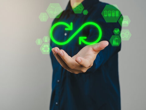 Infinity symbol, environmental technology, circular business economy on human hands, sustainable investment in the future, using environmentally friendly renewable energy in the future of business.