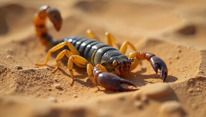 Closeup of scorpion in desert sand. Scorpion body exhibits details of armor, claws, stinger. Excellent illustration of arthropod, predator, animal life in hostile environment. Desert life,