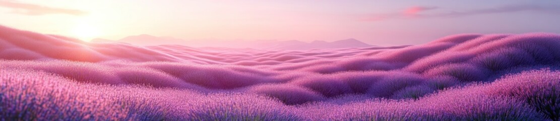 Sunrise over purple hills, lavender fields. Peaceful background for wellness