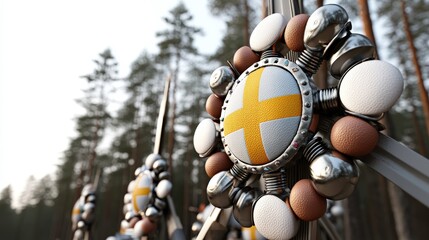 Decorative shields with yellow crosses displayed in a forest setting during a historical reenactment event