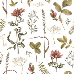 Elegant hand drawn pattern design with illustrations of dried herbs, leaves and flowers. Perfect for home textile, wallpapers, fabrics, apparel, packaging design, stationery and other printed goods