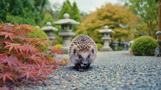 Hedgehog walking across garden path with nose sniffing air. Garden detail, cute posture, shallow DOF.
