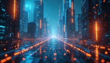 Fototapeta premium Futuristic cityscape illustration with glowing neon lights, skyscrapers at night. Cyberpunk urban scene, digital city, representing tech innovation. Networked metropolis with connected