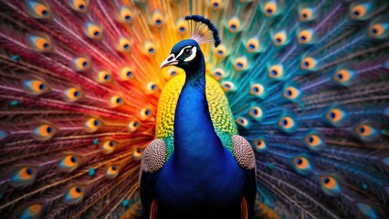 Obraz premium Majestic Peacock Displaying Vibrant Plumage Feathers Open, Colorful Bird, Wildlife Beauty