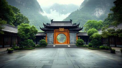 Obraz premium Tranquil Asian temple courtyard. Lush greenery surrounds a grand archway