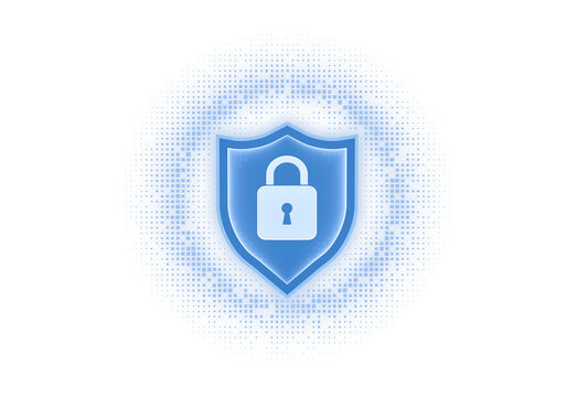 Digital Fortress: A luminous blue shield, adorned with a central padlock, symbolizes digital security and online protection in this illustrative artwork.