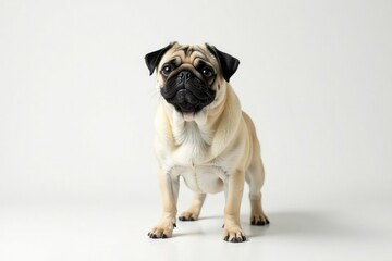 Obraz premium A solo pug poses against a seamless white backdrop, studio, pet image, brown