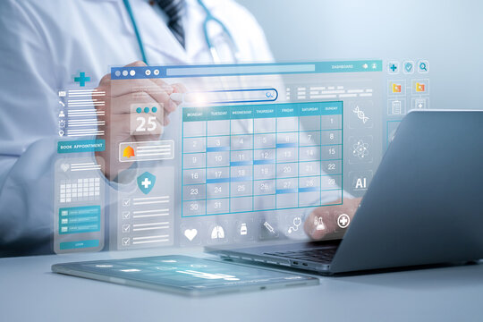 Medical checkup as annual doctor health test appointment concept. Medical worker with virtual digital calendar on laptop for plan treatment patient and follow up in hospital. Time management. schedule