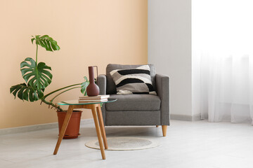 Armchair, houseplant and coffee table near beige wall in room