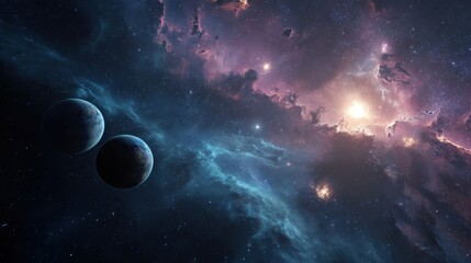 Naklejka premium Two planets orbit a vibrant nebula, showcasing a cosmic ballet of color and light. A breathtaking scene from deep space.