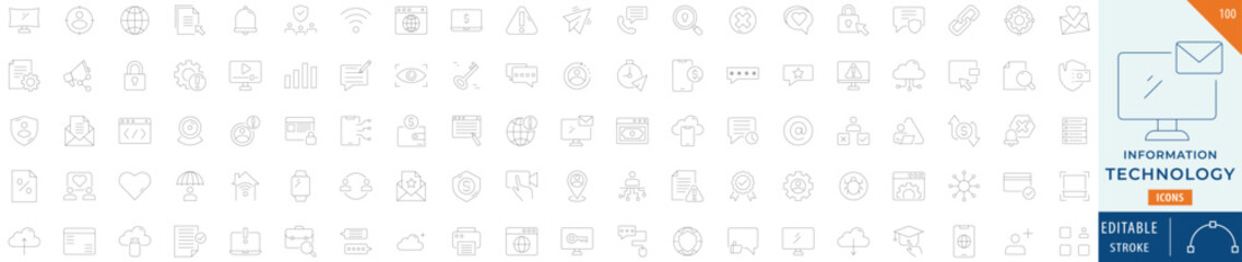 Information Technology collection icon set. Containing computer, device, network, server, communication, security, web, connection, and more. Editable stroke line.