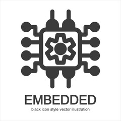 black style vector icon of embedded system chip with gear and circuit design. Simple and minimal illustration.