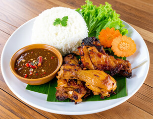 Thai food Close-up Grilled chicken with rice and spicy tamarind sauce